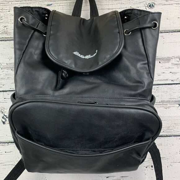 Eddie Bauer Black Faux Leather‎ Backpack Versatile Travel Daypack Diaper Bag - Picture 1 of 12